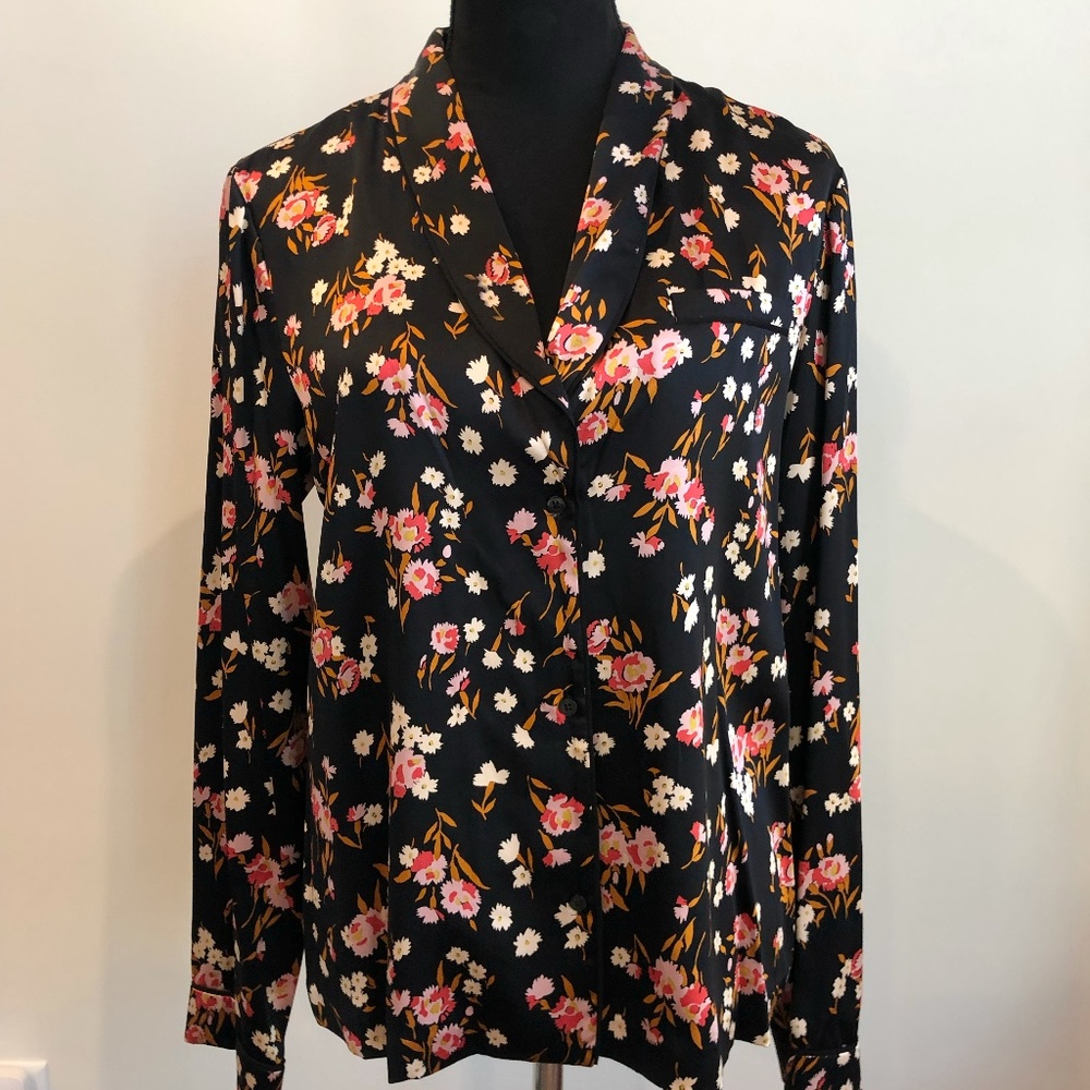 ALC Black Silk Button-down Floral Blouse in Size 6